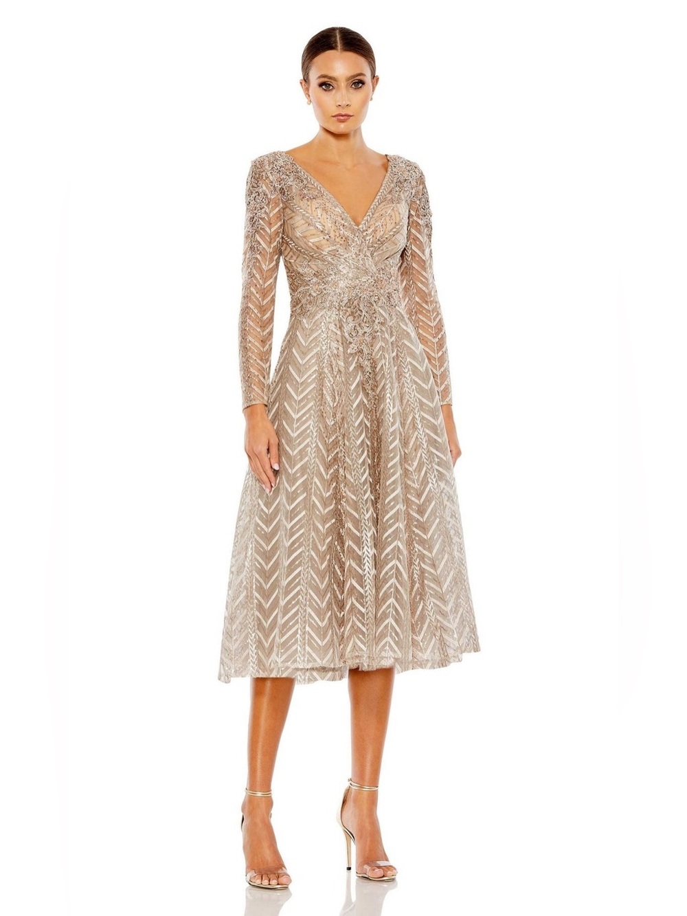 MAC DUGGAL Taupe Sequin Embellished Long Sleeve Wrap Dress Sz 20 20399 NWT $498